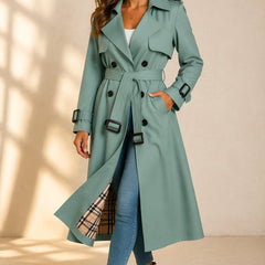 Emily women's double-breasted belted long trench coat by Christine Brewer, shown in a stylish beige color with classic lapels.