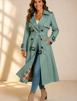 Emily women's double-breasted belted long trench coat by Christine Brewer, shown in a stylish beige color with classic lapels.