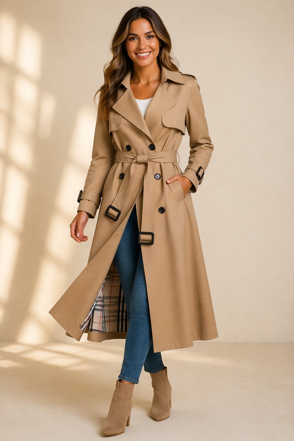 Emily women's double-breasted belted long trench coat by Christine Brewer, shown in a stylish beige fabric with a classic silhouette.