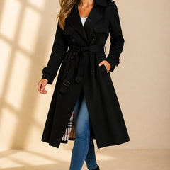 Emily women's double-breasted belted long trench coat by Christine Brewer, shown in a stylish beige color with classic design details.