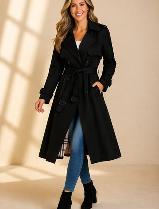 Emily women's double-breasted belted long trench coat by Christine Brewer, shown in a stylish beige color with classic design details.