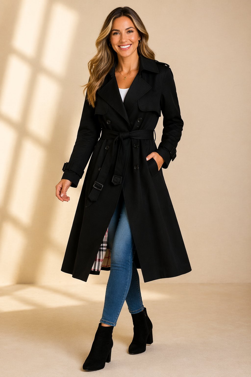 Emily women's double-breasted belted long trench coat by Christine Brewer, shown in a stylish beige color with classic design details.