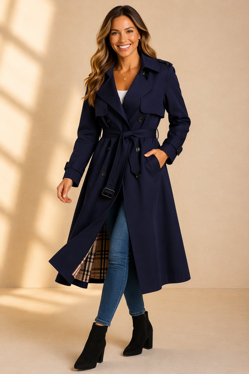 Emily women's double-breasted belted long trench coat by Christine Brewer, shown in a stylish beige with classic lapel collar.