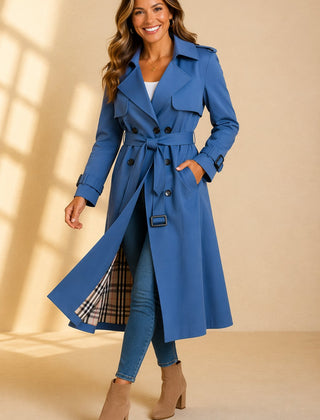 Emily women's double-breasted belted long trench coat by Christine Brewer, shown in a stylish beige color with classic lapels.