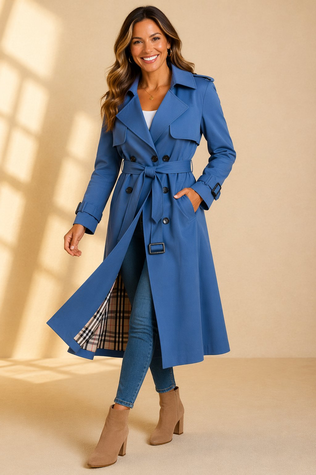 Emily women's double-breasted belted long trench coat by Christine Brewer, shown in a stylish beige color with classic lapels.