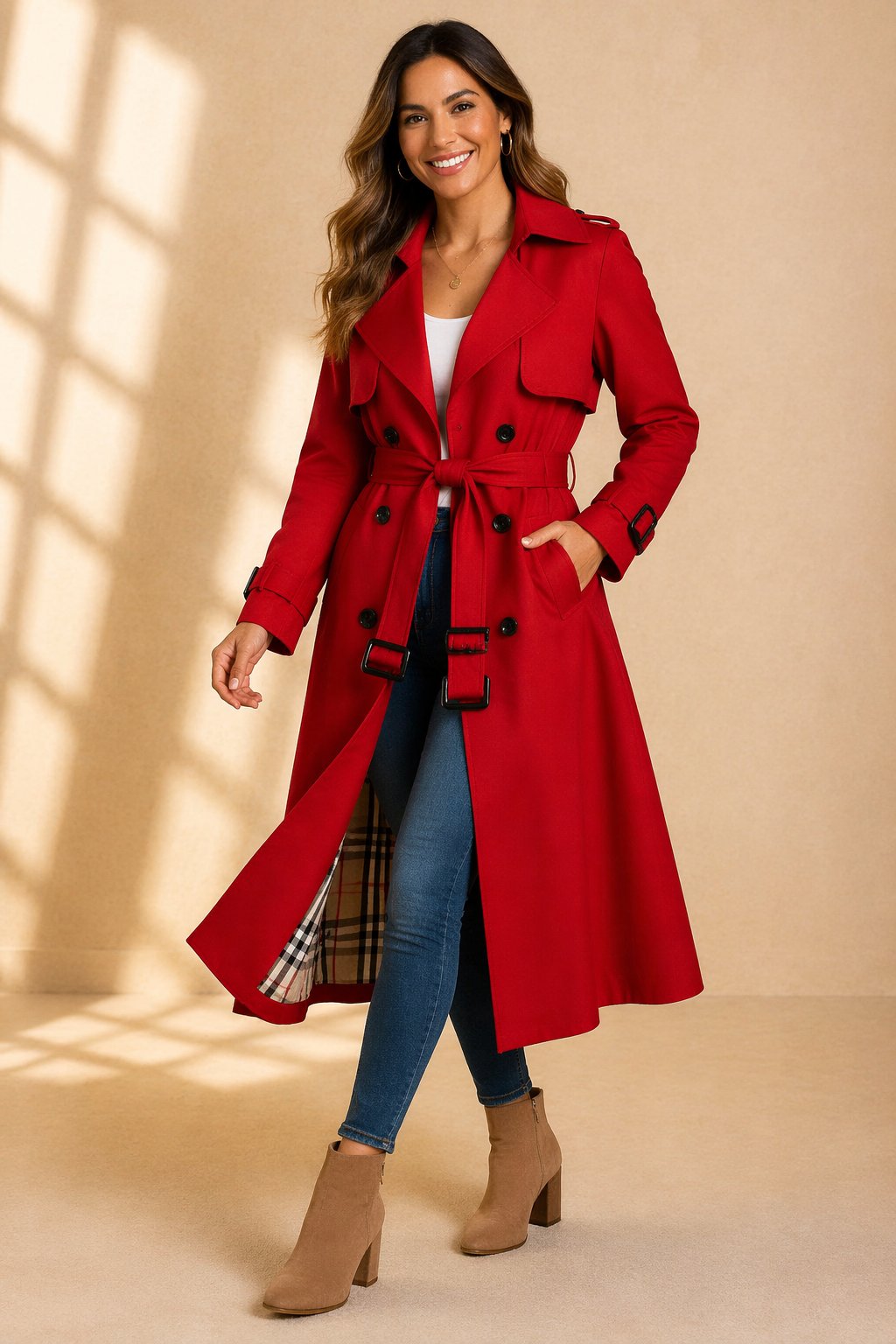 Emily women's double-breasted belted long trench coat by Christine Brewer, shown on a model with classic beige fabric and waist belt.