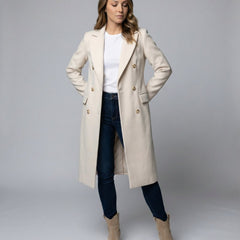 Women's Sienna double-breasted long-line polyester coat by Christine Brewer, shown in a stylish midi coat design.