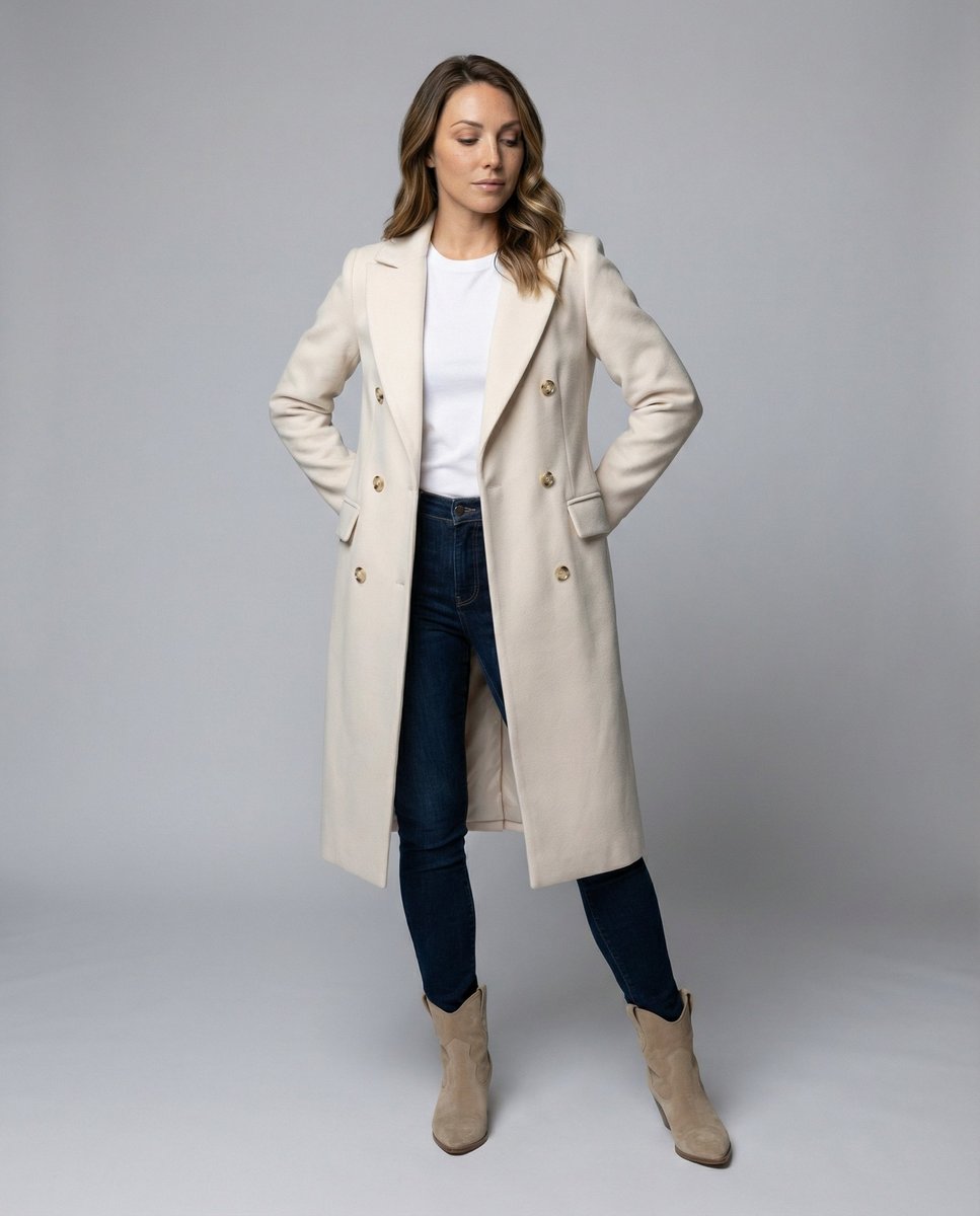 Women's Sienna double-breasted long-line polyester coat by Christine Brewer, shown in a stylish midi coat design.
