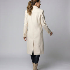 Women's Sienna double-breasted long-line polyester coat, midi-length, stylish and warm outerwear by Christine Brewer.