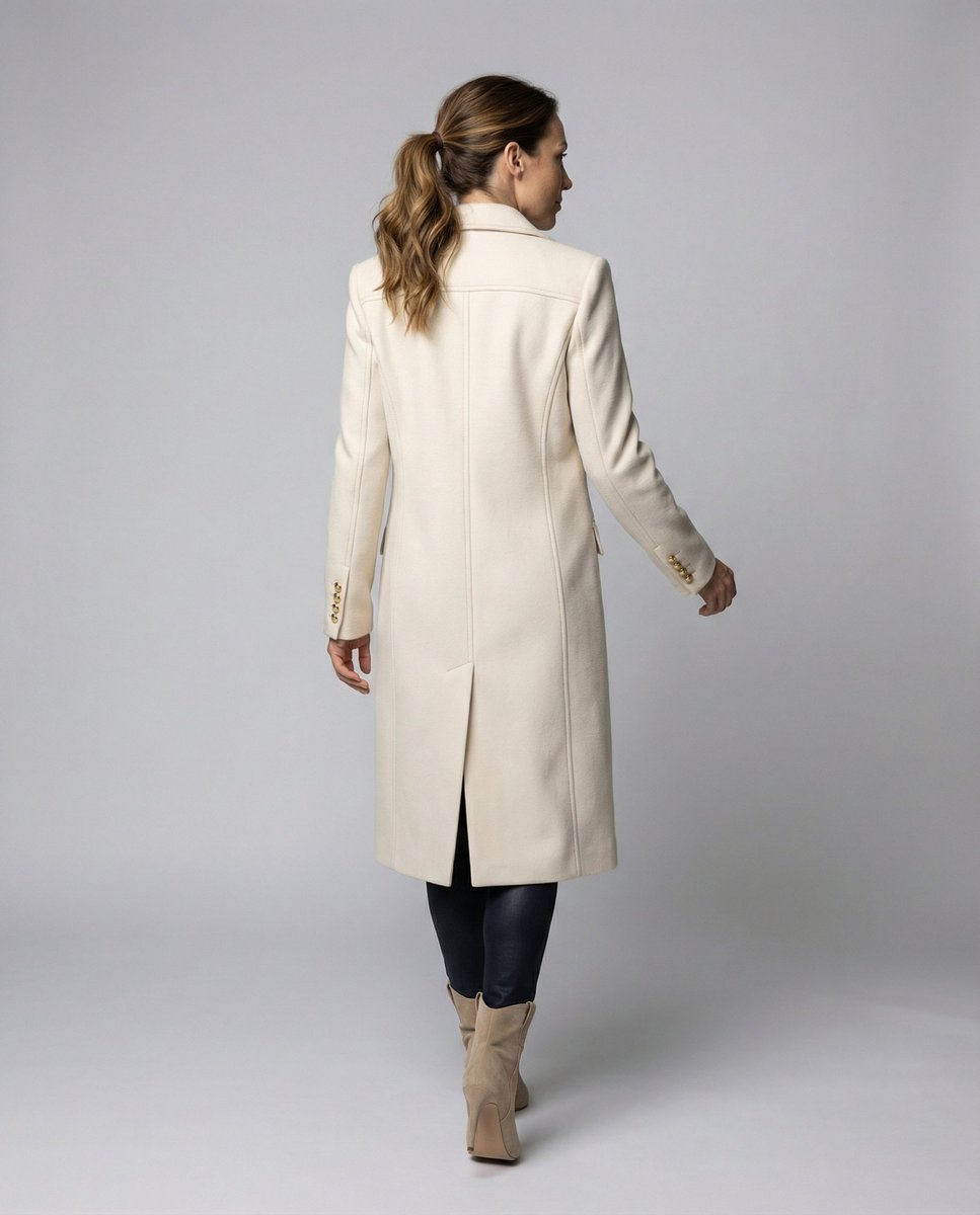 Women's Sienna double-breasted long-line polyester coat, midi-length, stylish and warm outerwear by Christine Brewer.
