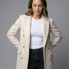 Women's Sienna double-breasted long-line polyester coat, midi length, with wide lapels and tailored fit, in a stylish outerwear design.