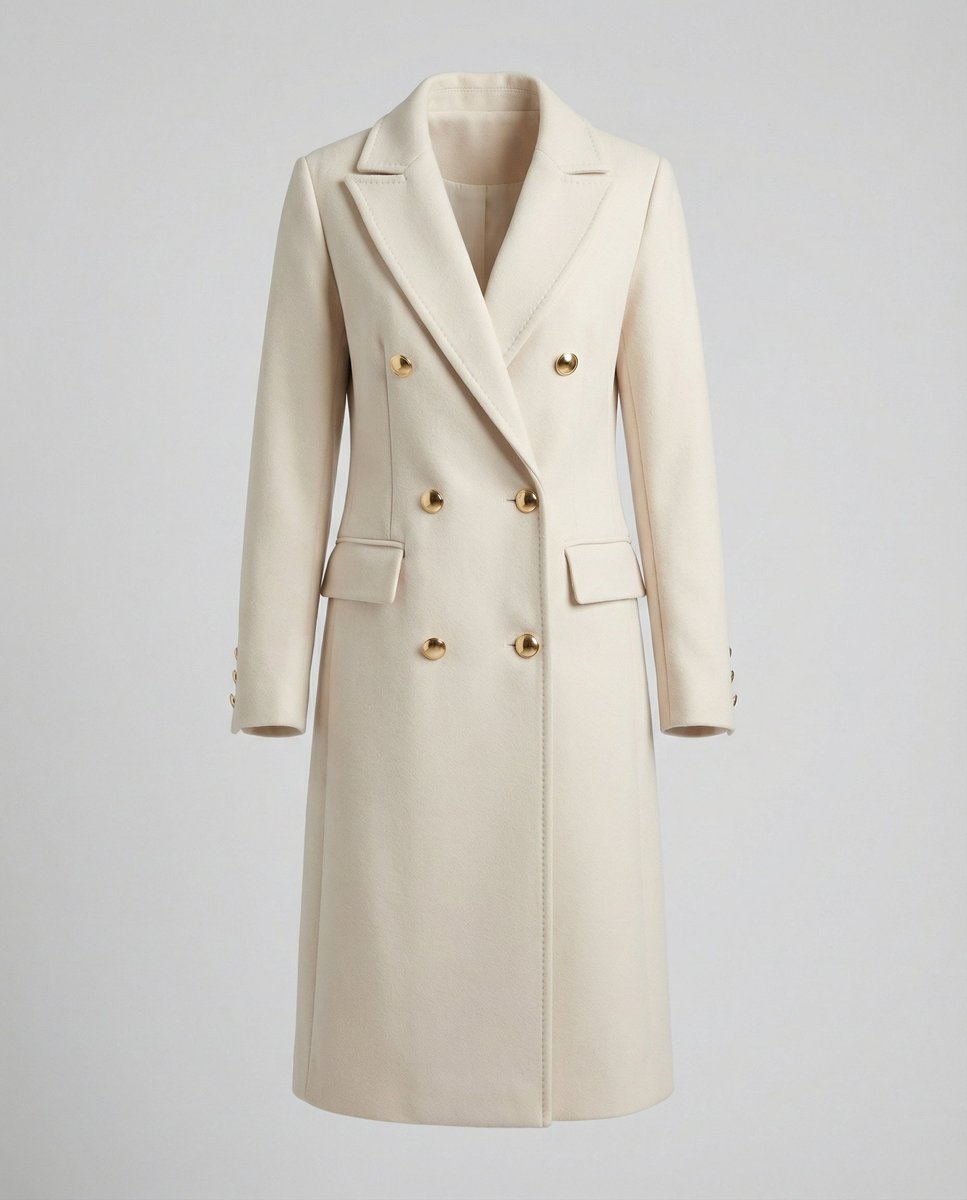 Women’s Sienna double-breasted long-line polyester coat, midi coat in a stylish design, featuring a tailored fit and classic lapels.