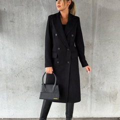 Women's Sienna double-breasted long-line polyester coat, stylish midi coat with a tailored fit and classic design.
