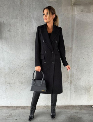 Women's Sienna double-breasted long-line polyester coat, stylish midi coat with a tailored fit and classic design.