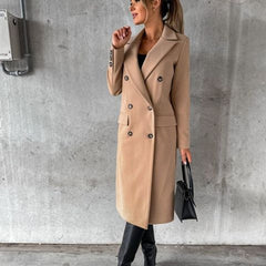 Sienna women's double-breasted long-line polyester coat in a midi style, featuring a tailored fit and classic design.