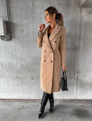 Sienna women's double-breasted long-line polyester coat in a midi style, featuring a tailored fit and classic design.