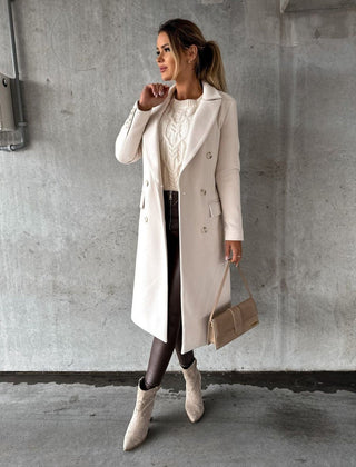 Women’s Sienna double-breasted long-line polyester coat, stylish midi coat with tailored fit and classic design.