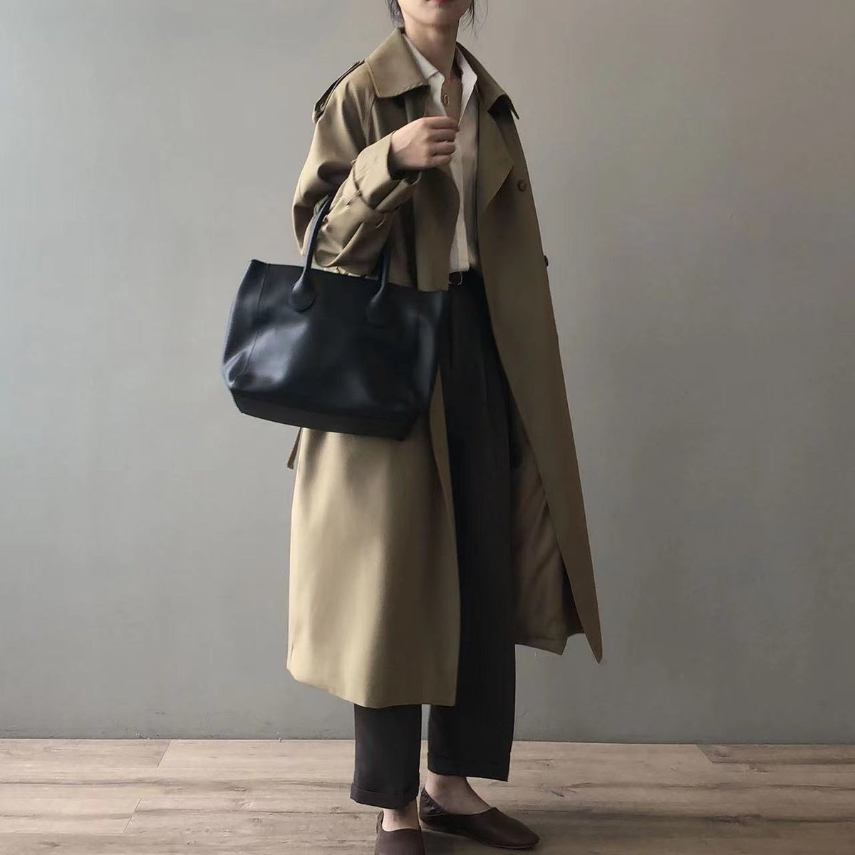 Christine Brewer Sophie women's double-breasted water-repellent long trench coat, shown in beige with a belt and classic collar.