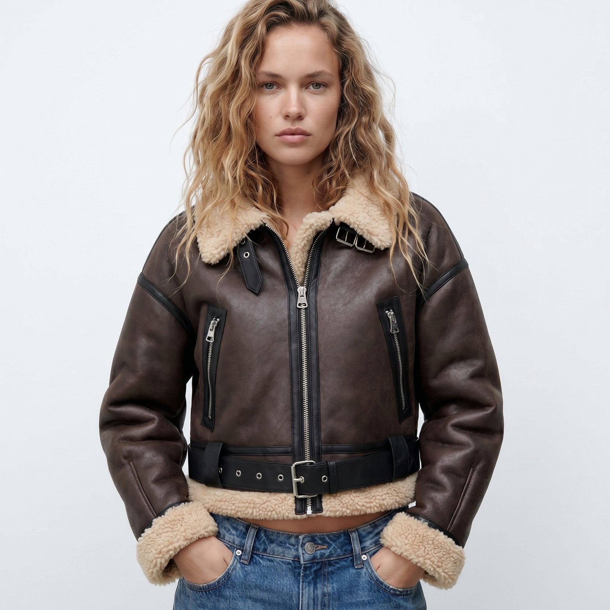 Women's double-sided shearling bomber jacket by Christine Brewer, featuring cozy shearling fabric and stylish bomber silhouette.