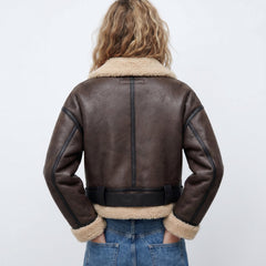 Isabella women's double-sided shearling bomber jacket by Christine Brewer, showing the cozy shearling interior and stylish outer design.