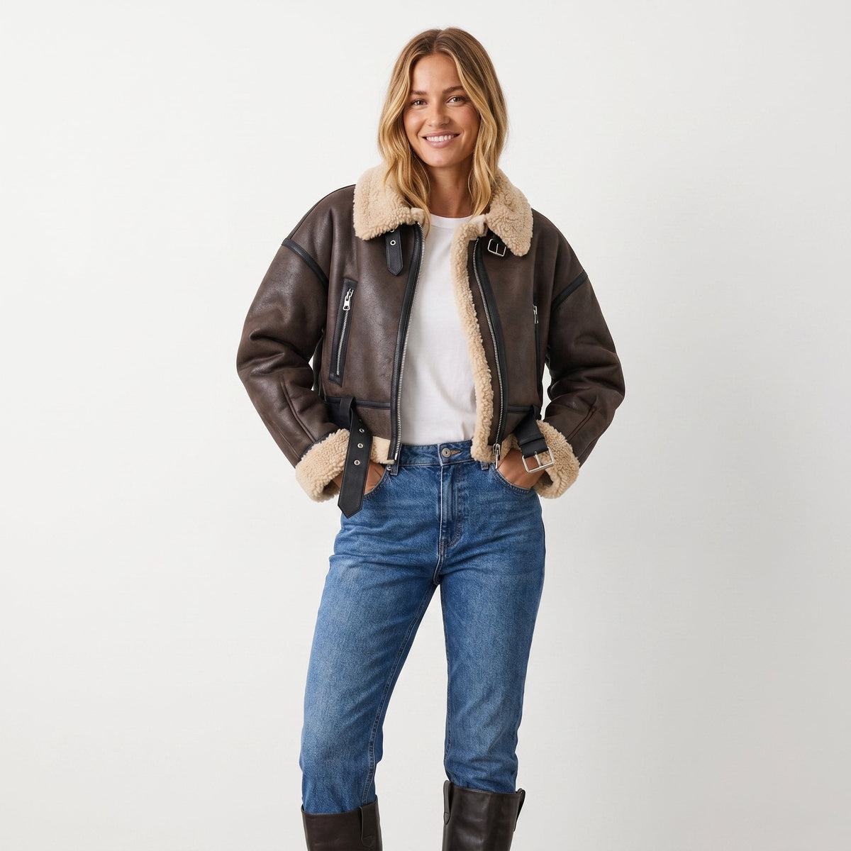 Women’s double-sided shearling bomber jacket by Christine Brewer, showcasing cozy shearling exterior and stylish design.