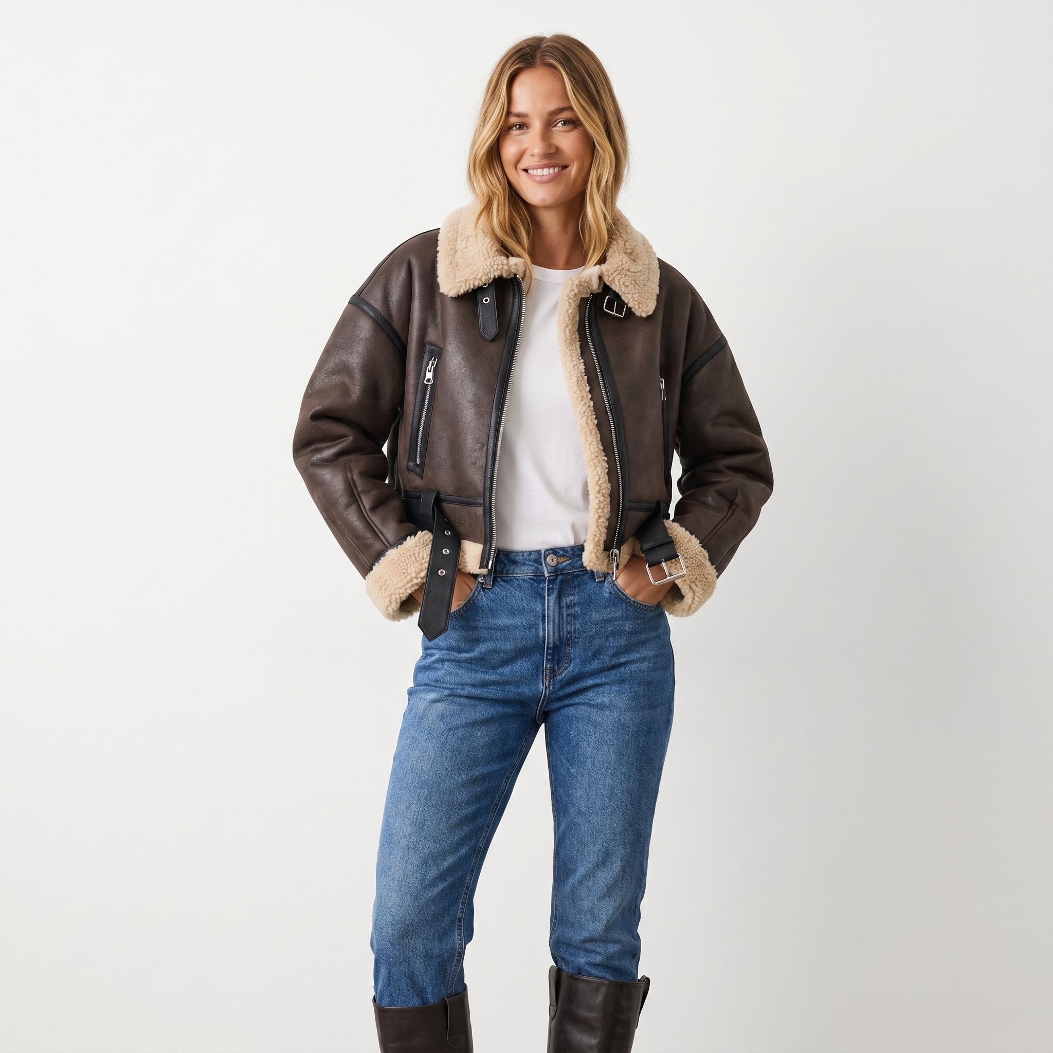 Women’s double-sided shearling bomber jacket by Christine Brewer, showing cozy shearling lining and stylish exterior in natural pose.