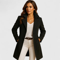 Elegant women's long tailored coat by Christine Brewer featuring a button-front design and notch lapel, perfect for sophisticated style.