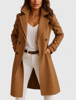 Women's Luna tailored long coat by Christine Brewer with button-front closure and notch lapel, stylish and elegant for women.