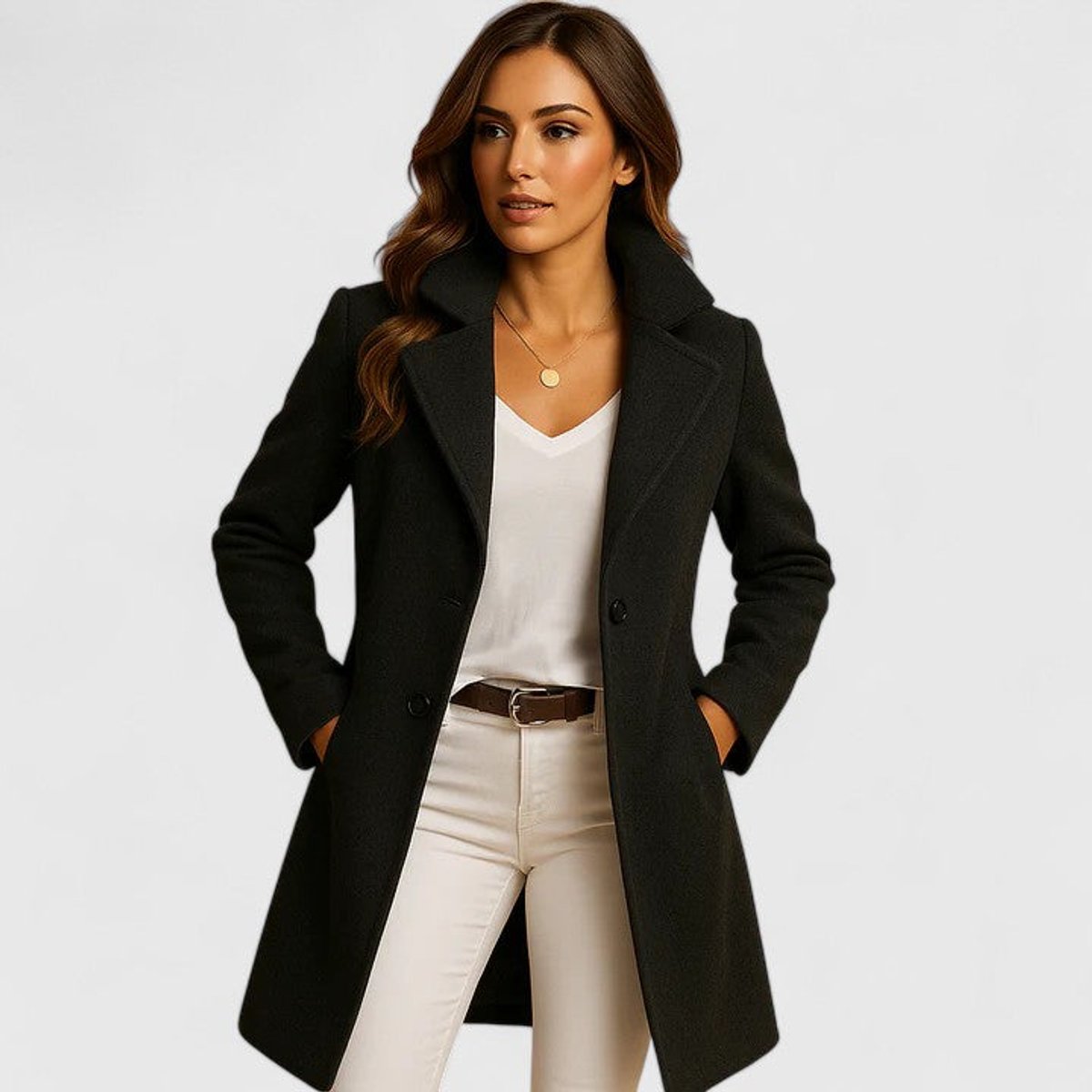 Women's Sienna long button-up coat with notch lapel and slim fit, elegant design by Christine Brewer, shown hanging on a mannequin.