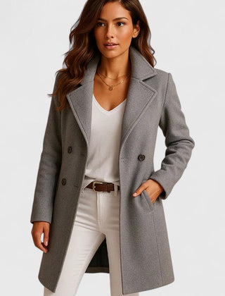 Elegant women's long button-up coat with notch lapel and slim fit from Christine Brewer, showcasing its stylish tailored design.