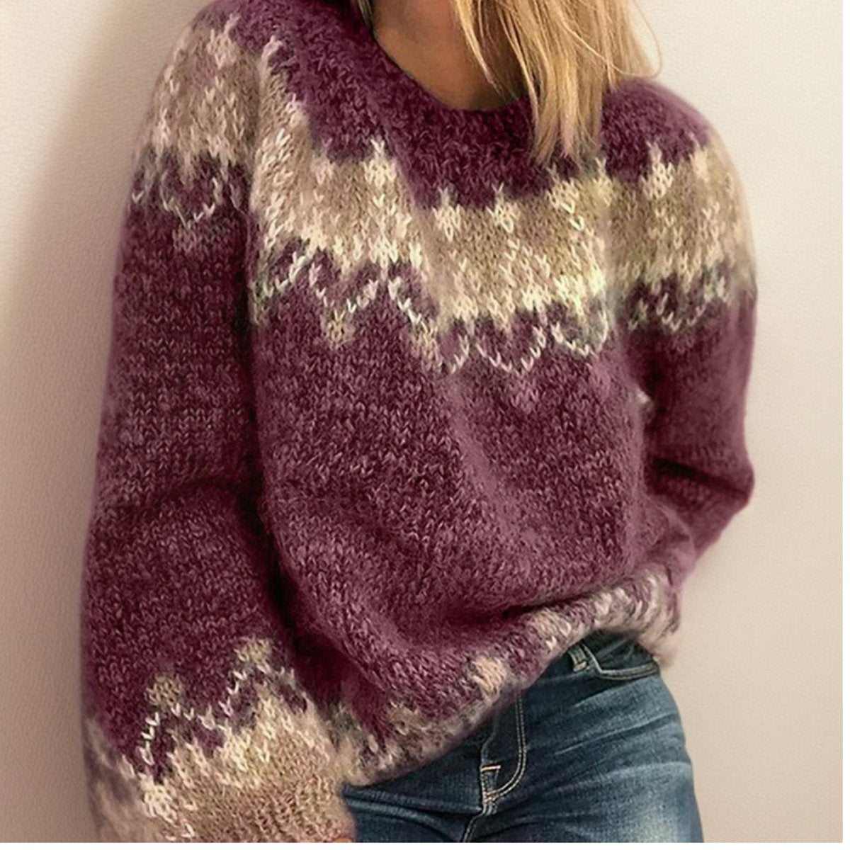 Margaux | Women's Holiday Sweater Nordic Fair Isle Crew Neck Jacquard Knit Pullover Warm Winter Cozy