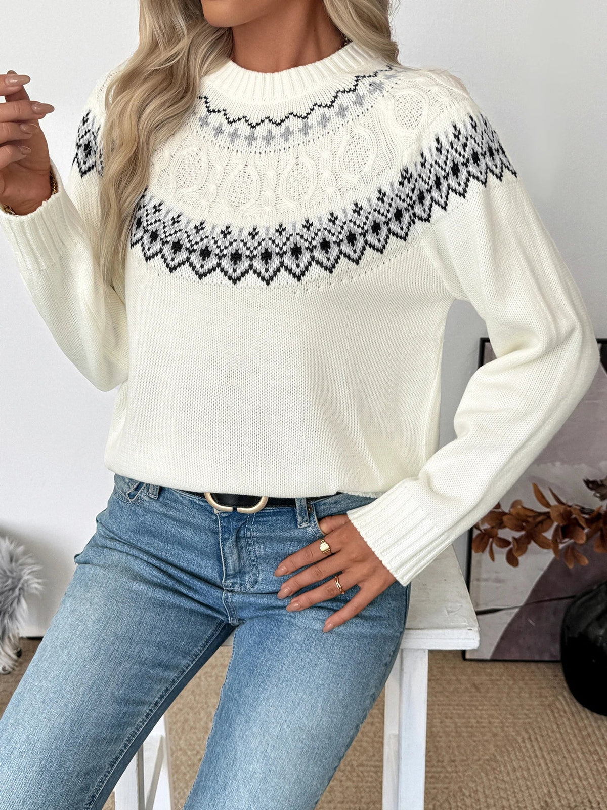 Freja | Women's Nordic Sweater Fair Isle Crew Neck Knit Pullover Cozy Warm Festive