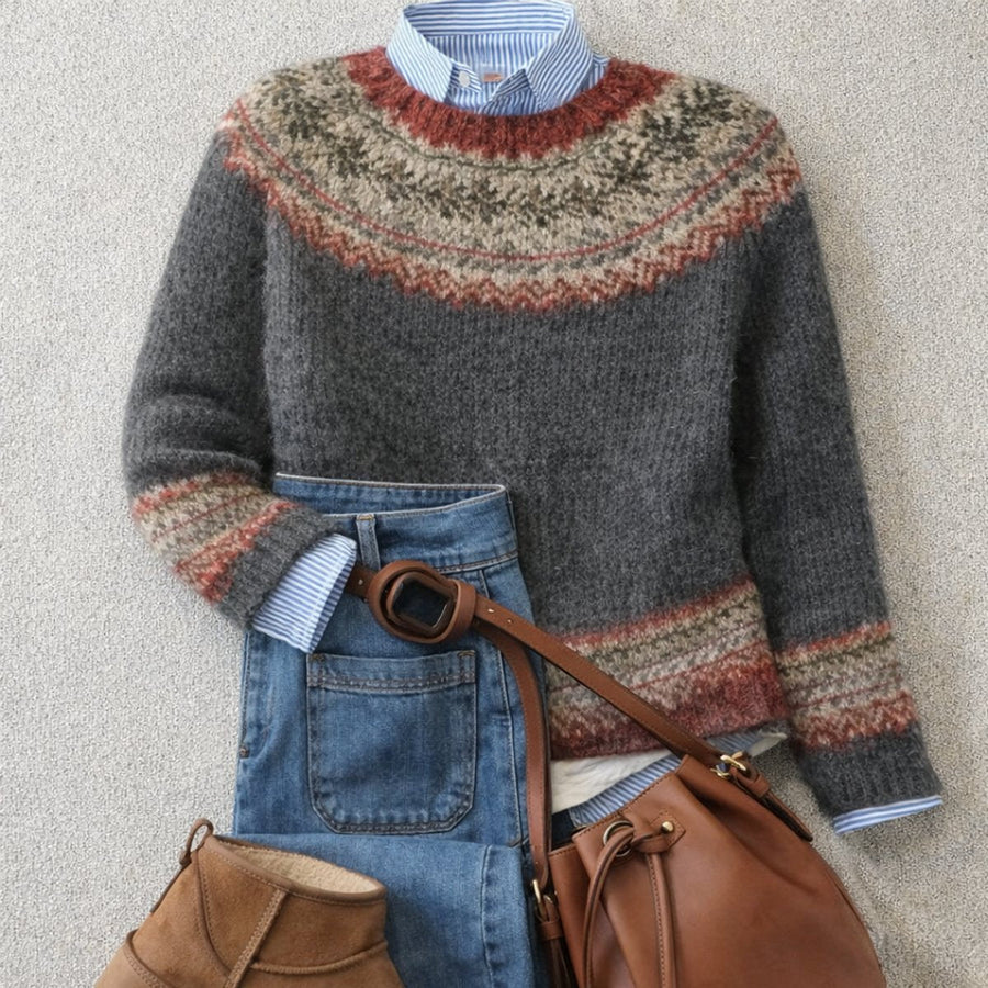 Pia | Women's Nordic Sweater Fair Isle Crew Neck Knit Pullover Cozy Warm Festive
