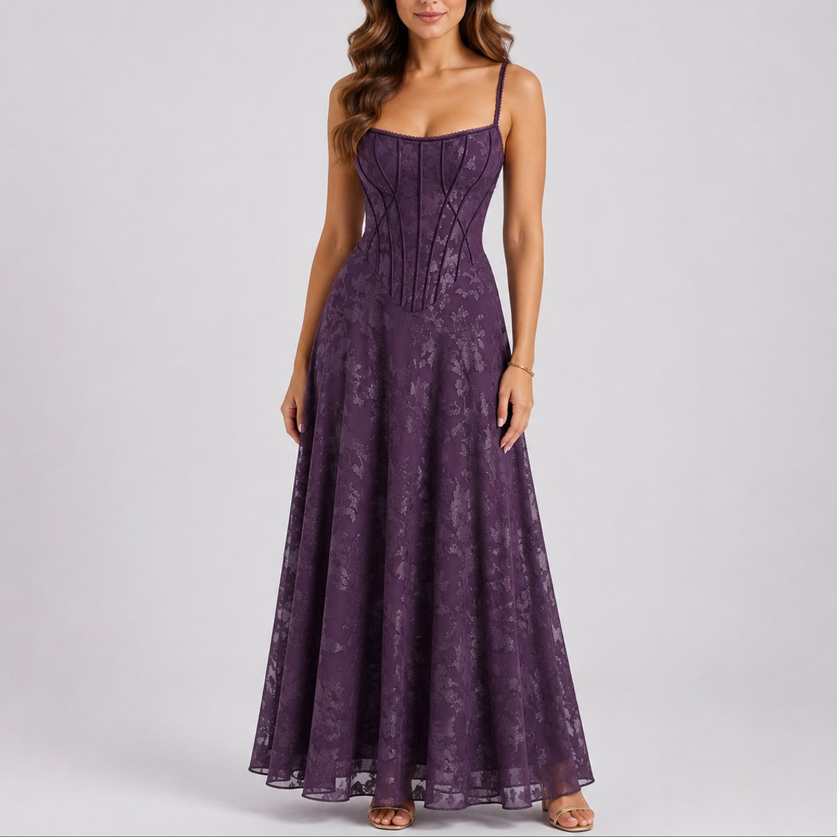 Coraline | Wedding Guest Dress Maxi Dress Women Floral Corset Chiffon Square Neck Spaghetti Strap
