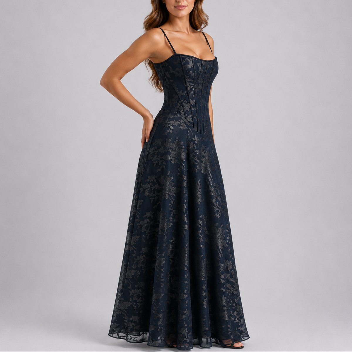 Coraline | Wedding Guest Dress Maxi Dress Women Floral Corset Chiffon Square Neck Spaghetti Strap