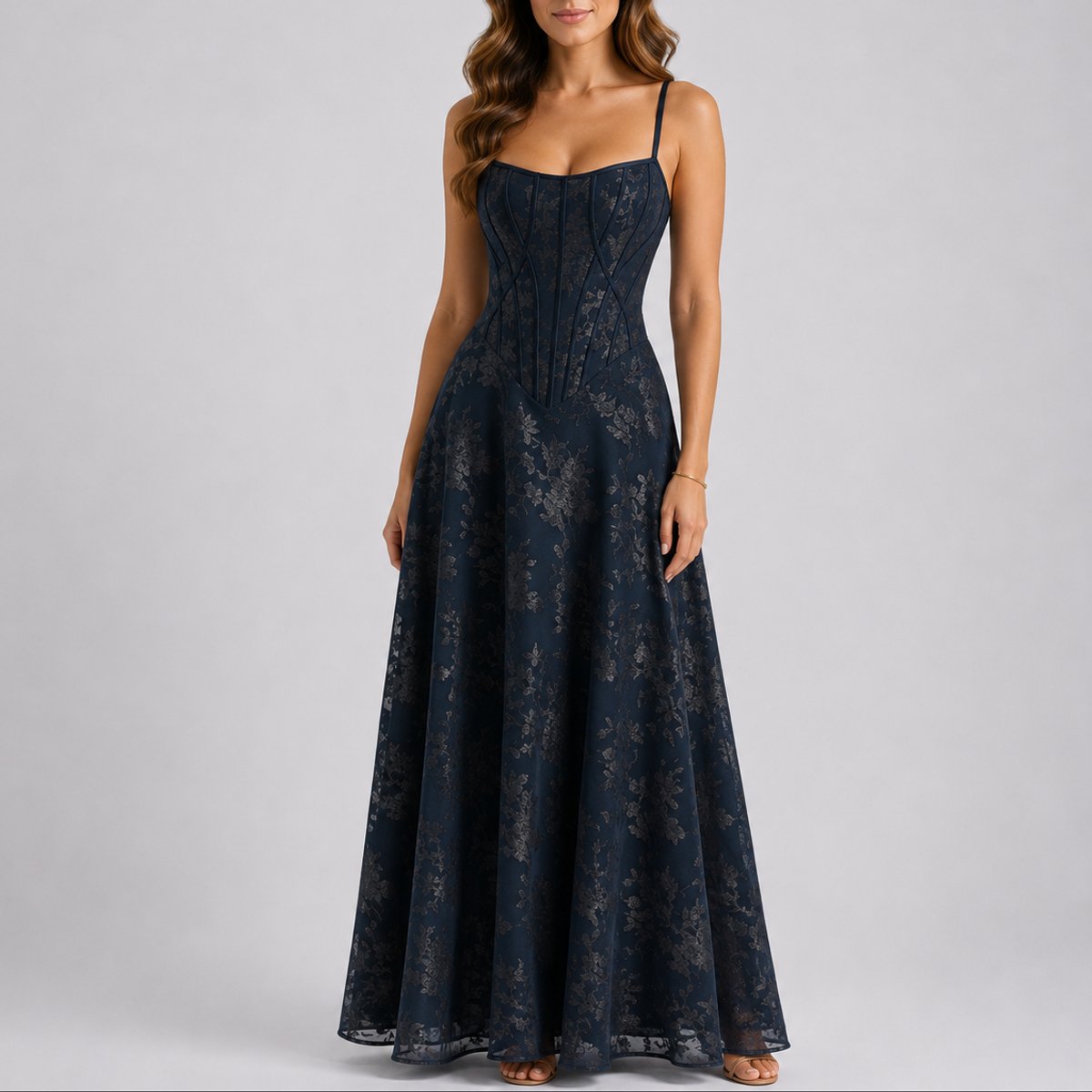 Coraline | Wedding Guest Dress Maxi Dress Women Floral Corset Chiffon Square Neck Spaghetti Strap