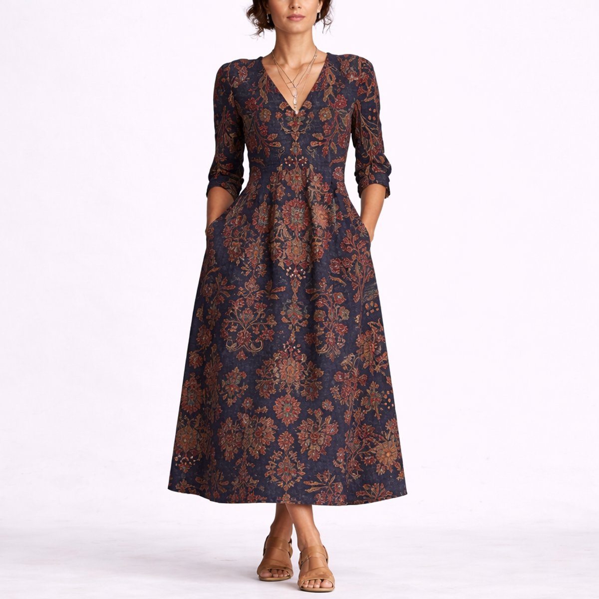 Charlotte | Wedding Guest Dress Maxi Dress Women Floral Linen V-Neck A-Line Pockets Fall Navy