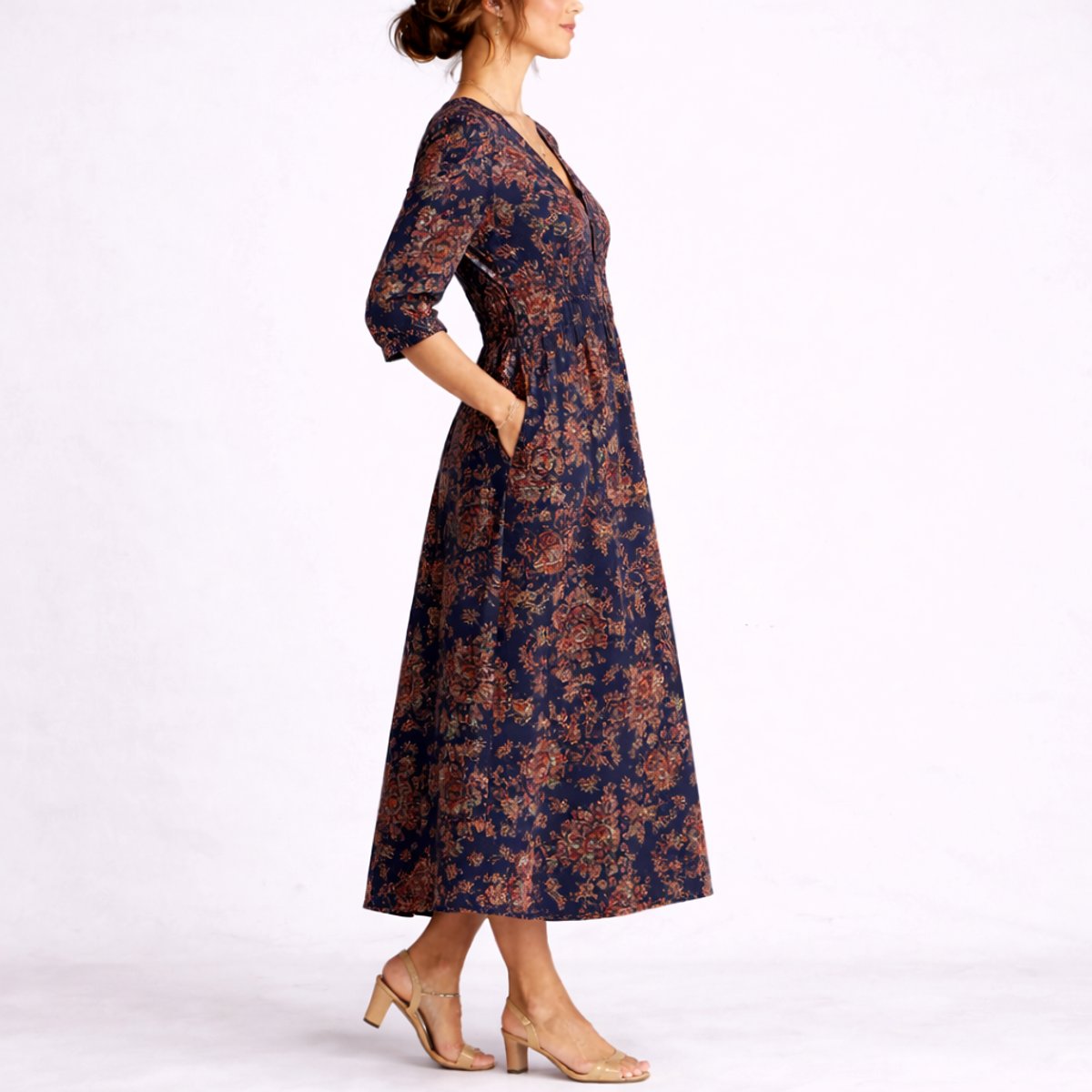 Charlotte | Wedding Guest Dress Maxi Dress Women Floral Linen V-Neck A-Line Pockets Fall Navy