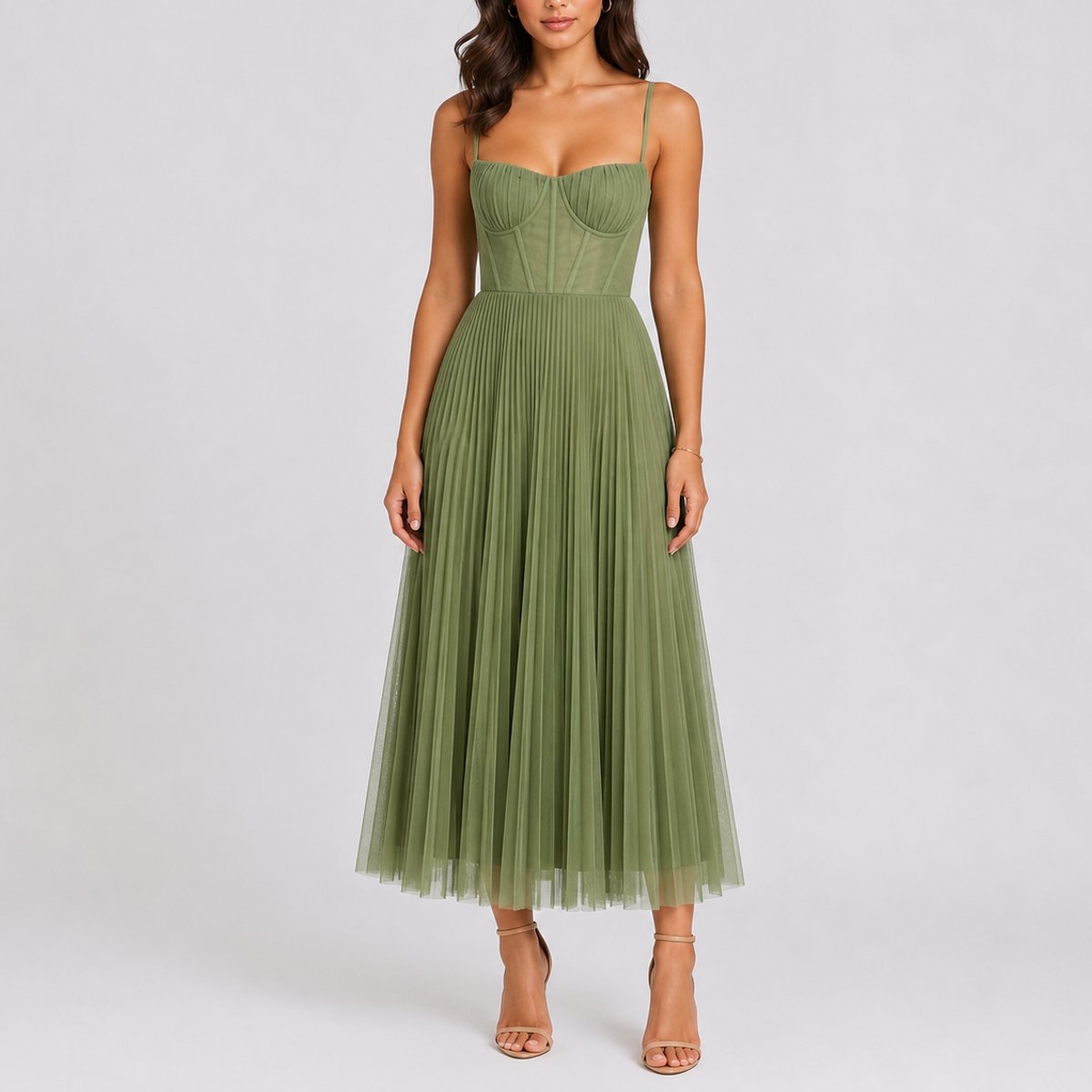 Penelope | Wedding Guest Dress Cocktail Dress Midi Dress Women Tulle Pleated Bustier Spaghetti Strap