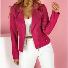 Women's faux leather moto jacket with convertible collar and zip-up front by Christine Brewer, stylish and versatile outerwear.