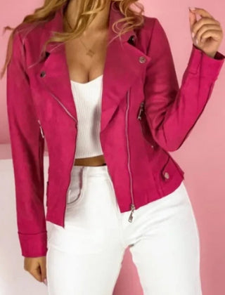 Women's faux leather jacket with convertible collar and zip-up front, stylish moto design by Christine Brewer.