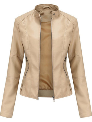 Women's faux leather moto jacket with stand collar and zip-up front by Christine Brewer, stylish and contemporary outerwear.