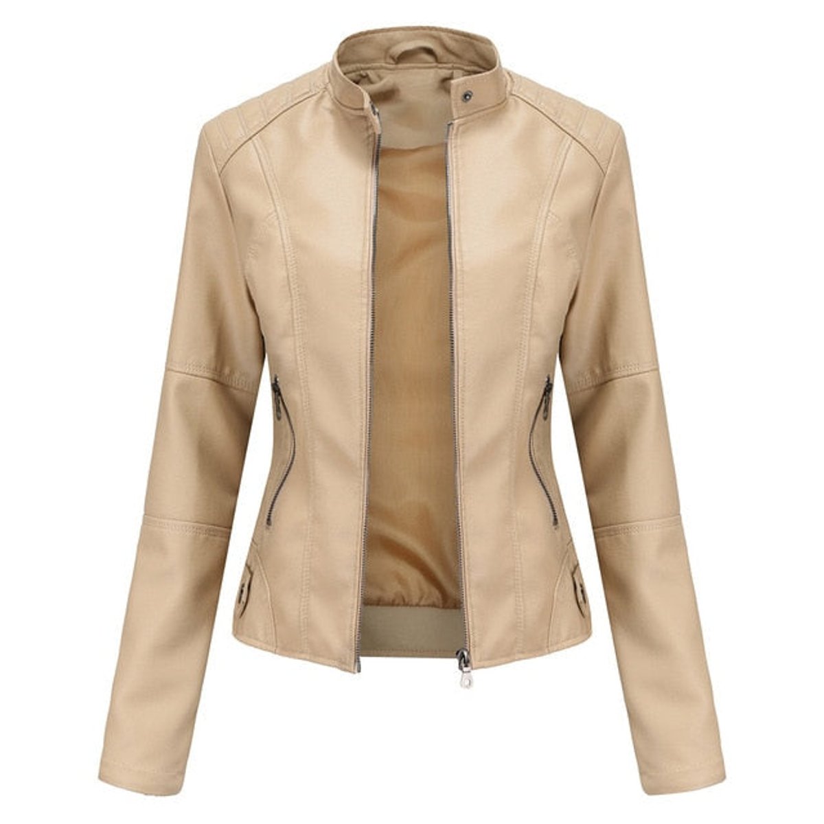 Women's faux leather moto jacket with stand collar and zip-up front by Christine Brewer, stylish and contemporary outerwear.