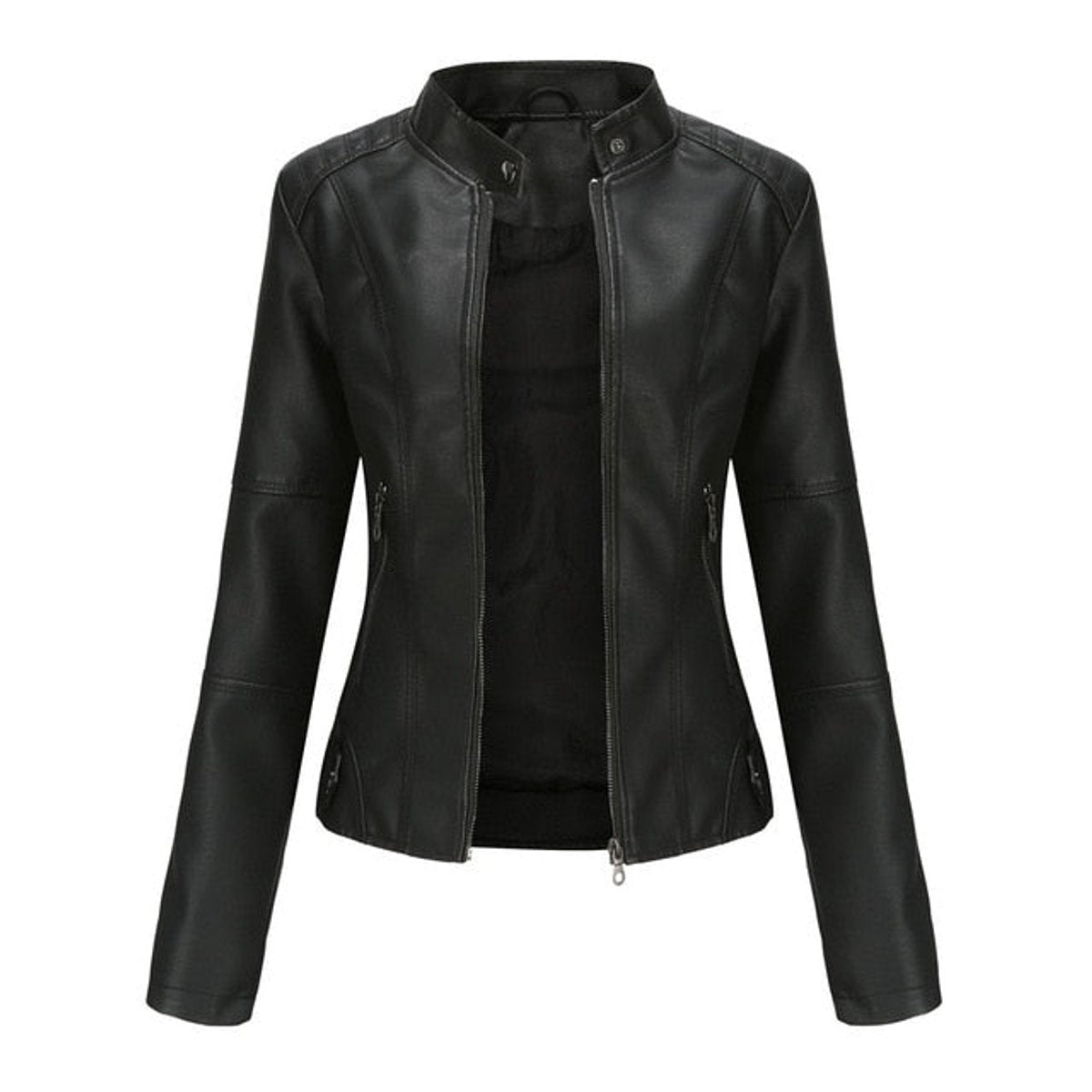 Women's faux leather moto jacket with stand collar and zip-up front by Christine Brewer, stylish and modern women's outerwear.