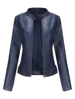 Women's faux leather Madison moto jacket with stand collar and zip-up front by Christine Brewer, stylish and fitted.