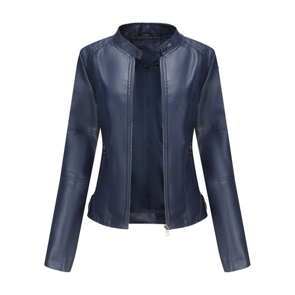 Women's faux leather Madison moto jacket with stand collar and zip-up front by Christine Brewer, stylish and fitted.