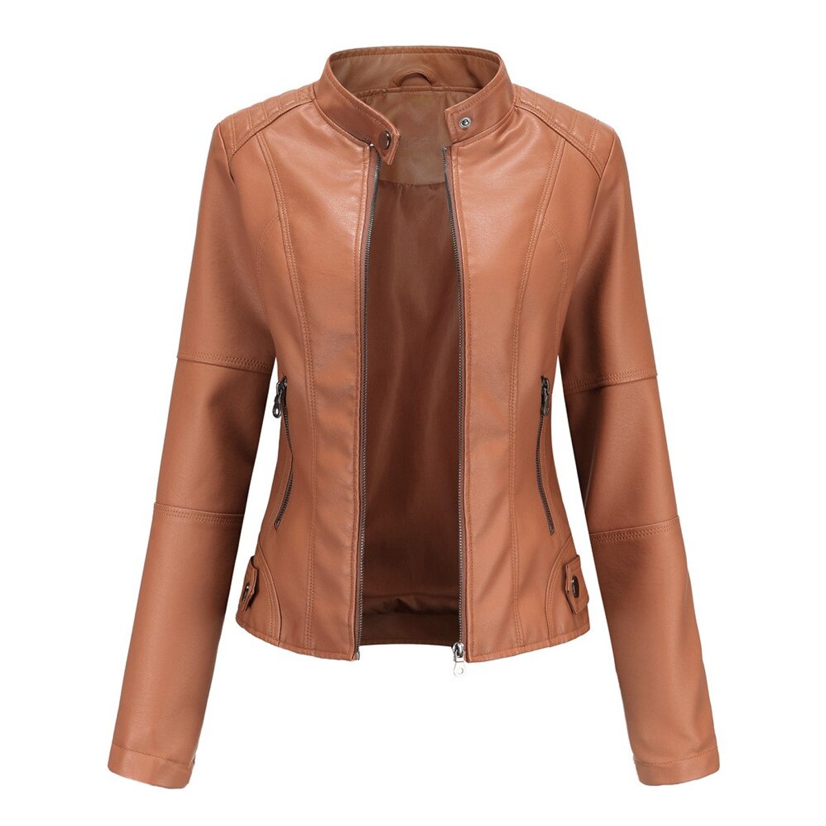 Women's faux leather Madison moto jacket with stand collar and zip-up front by Christine Brewer, shown on a model.