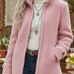 Emma women's fleece zip-up teddy coat with stand collar, featuring soft sherpa material and cozy warmth from Christine Brewer.