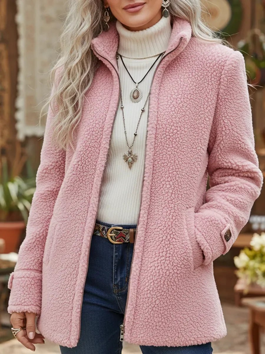 Emma women's fleece zip-up teddy coat with stand collar, featuring soft sherpa material and cozy warmth from Christine Brewer.