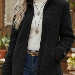 Emma women's fleece zip-up teddy coat with stand collar from Christine Brewer, featuring cozy sherpa fabric and stylish design.